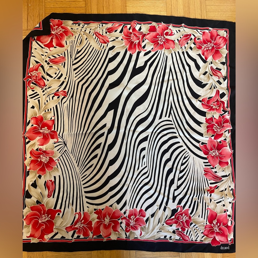 Elegant Black and White Zebra Print Scarf with Red Floral Accents